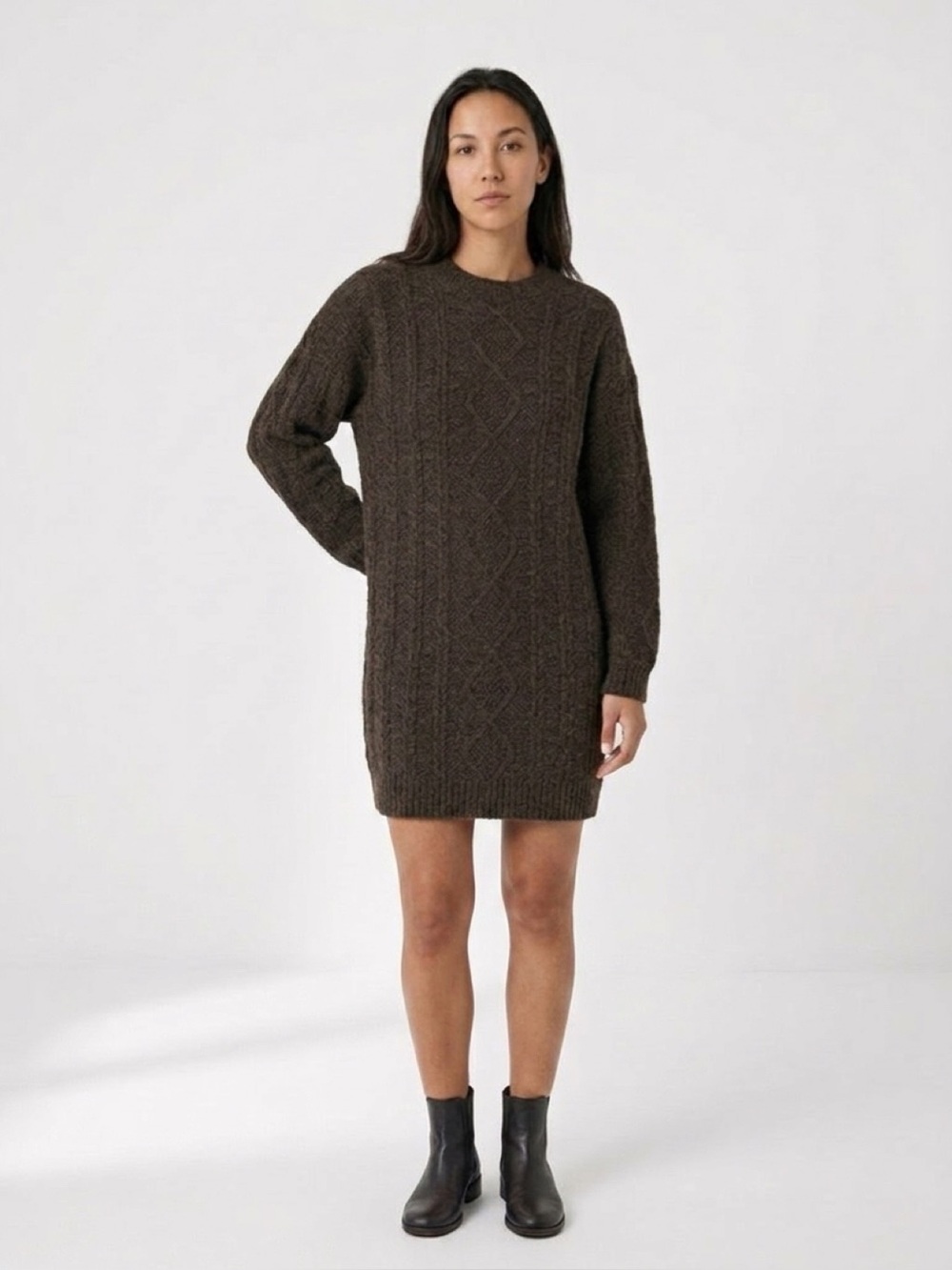 American Eagle Outfitters Brown Cable Knit Crewneck Sweater Dress